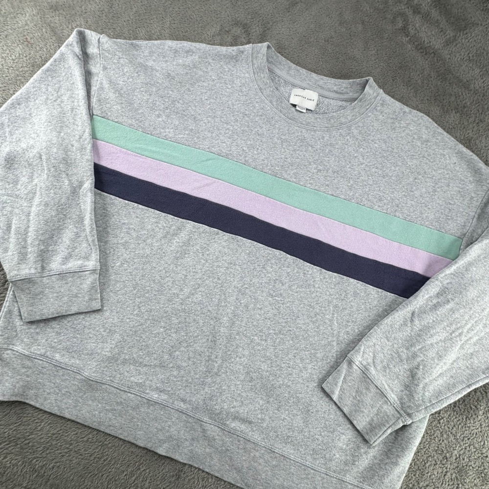 American Eagle Sweatshirt Womens XXL Grey Striped Crewneck Good Oversized Retro